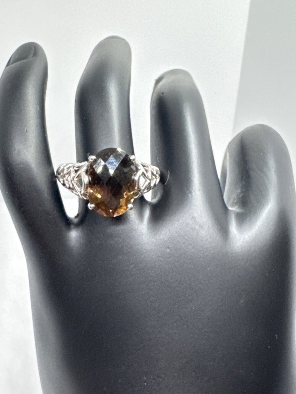 925 Sterling Silver Smoky Quartz Oval Faceted Ring 9 Filigree Statement Cocktail